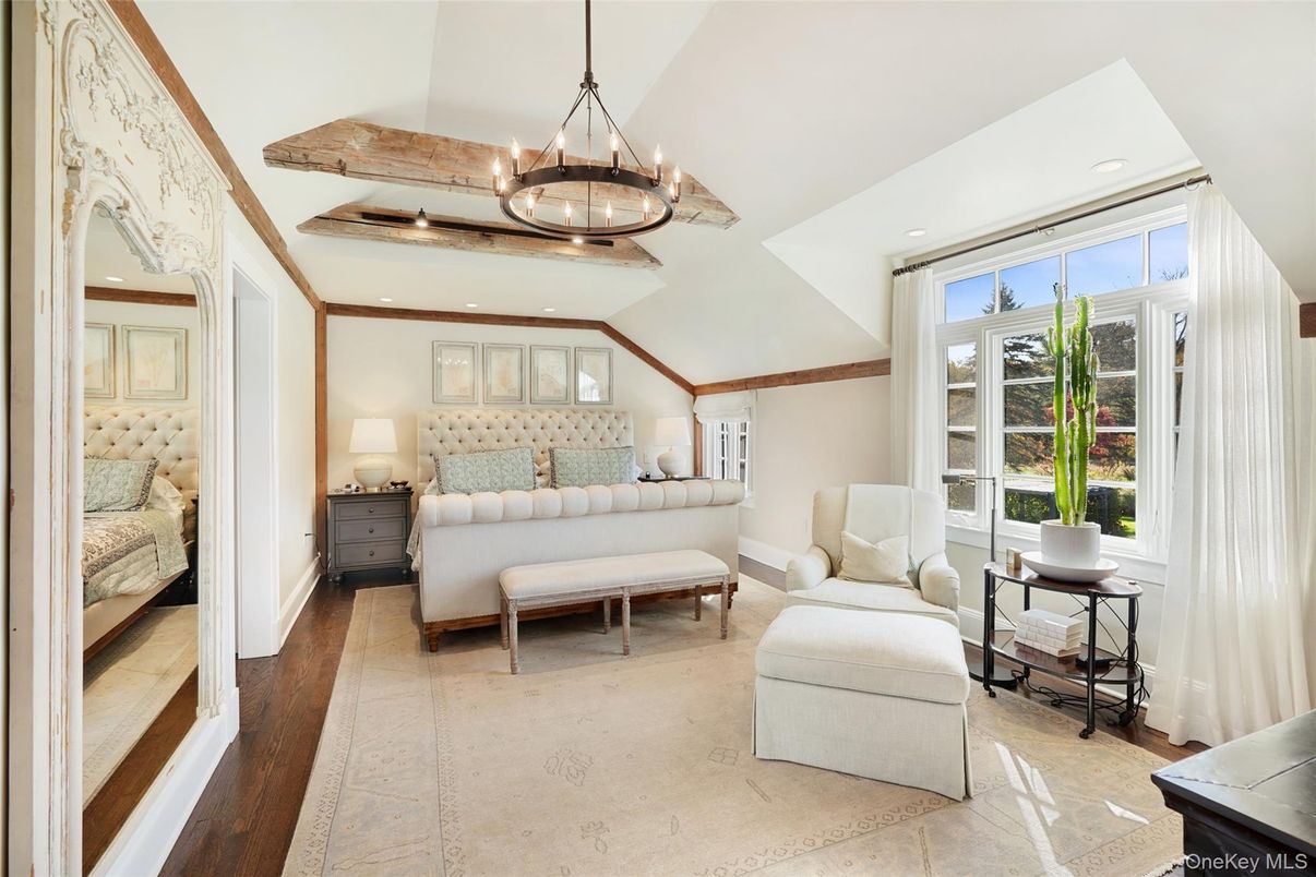 Bedroom, Chandelier, Interior, Recessed Lighting, Wooden Beams, Wood Texture Flooring