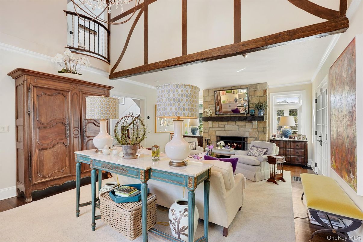 Fireplace, Interior, Living room, Stone Walls, Wooden Beams, Wood Texture Flooring