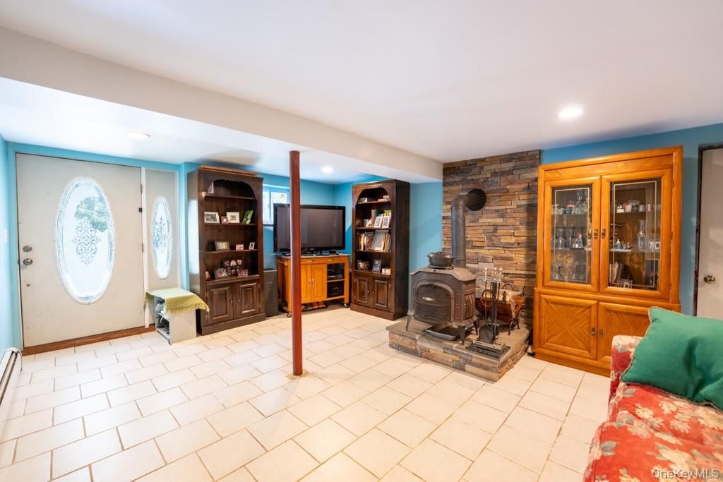 Fireplace, Interior, Recessed Lighting, Stone Walls