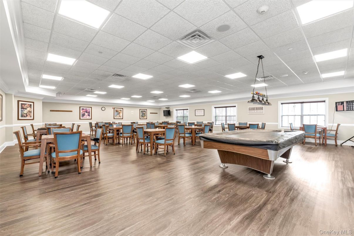 Billiard Table, Dining room, Game Room, Interior, Pendant Lights, Recessed Lighting, Wood Texture Flooring