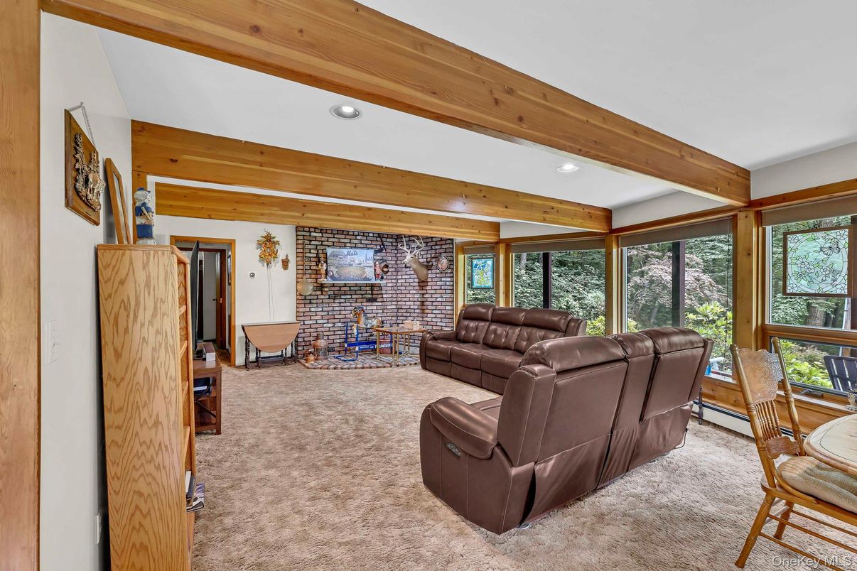 Interior, Living room, Recessed Lighting, Stone Walls, Wooden Beams
