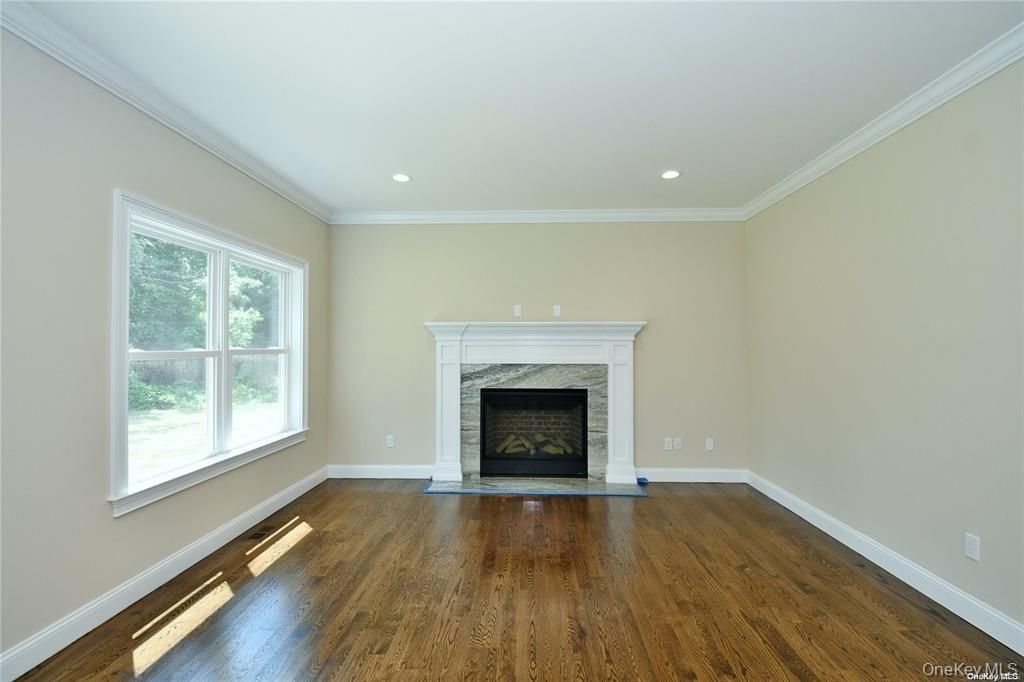 Empty room, Fireplace, Interior, Recessed Lighting, Wood Texture Flooring