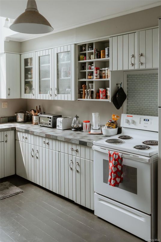 Interior, Kitchen, Tile Countertops, Wood Texture Flooring