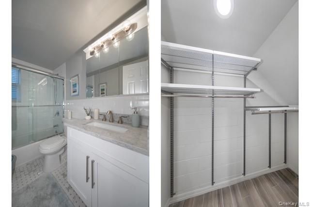 Bathroom, Glass Shower, Interior, Recessed Lighting, Wood Texture Flooring