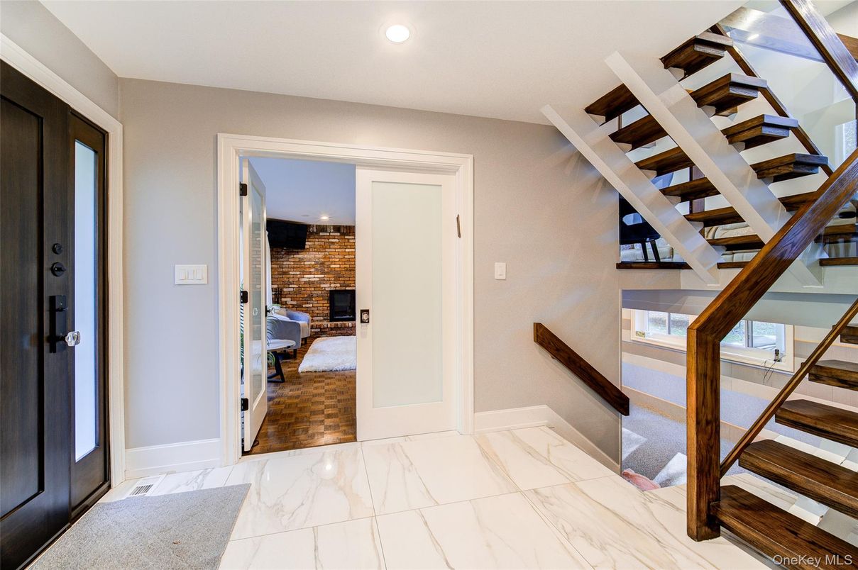 Fireplace, Interior, Marble, Recessed Lighting, Stone Walls