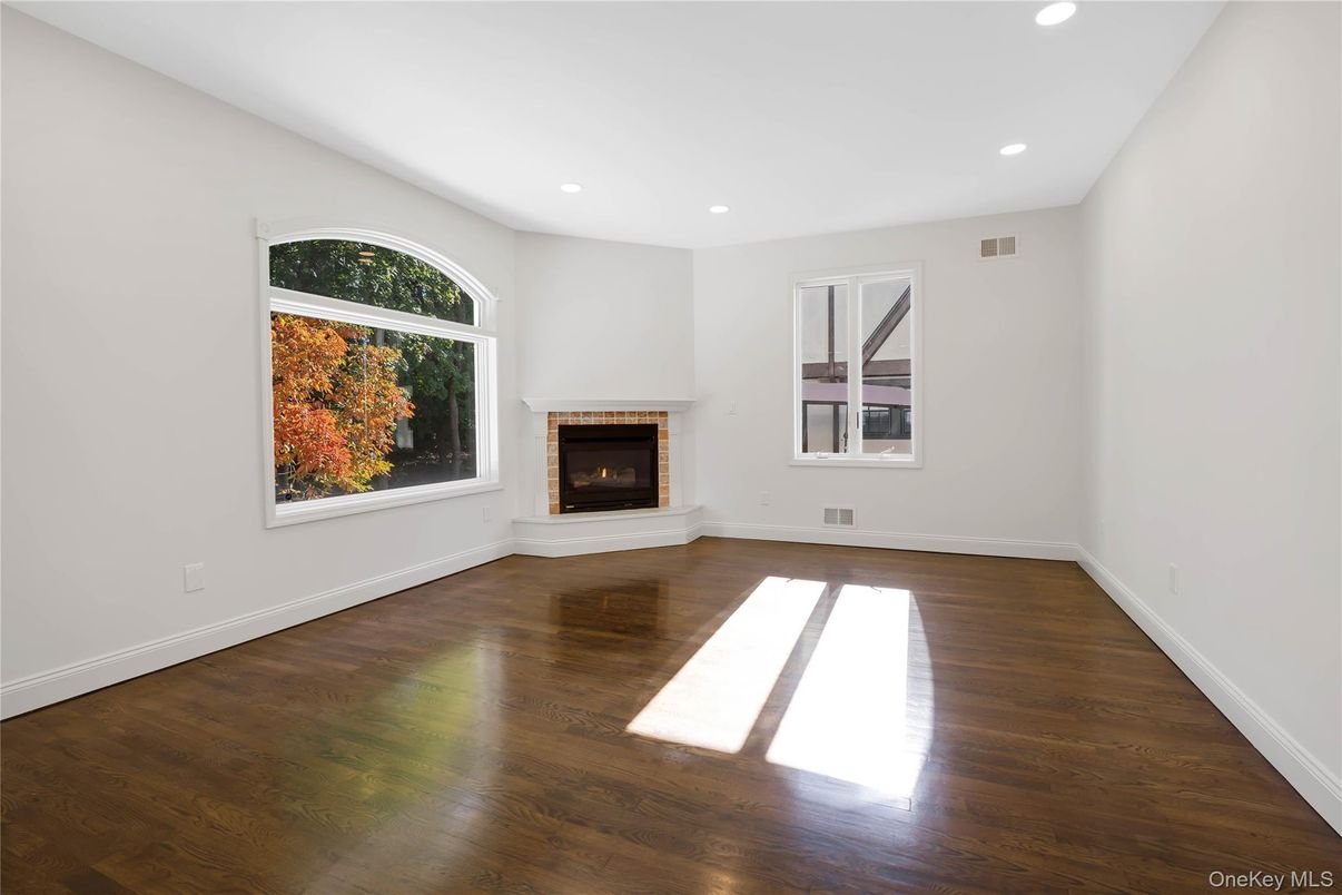 Empty room, Fireplace, Interior, Recessed Lighting, Wood Texture Flooring