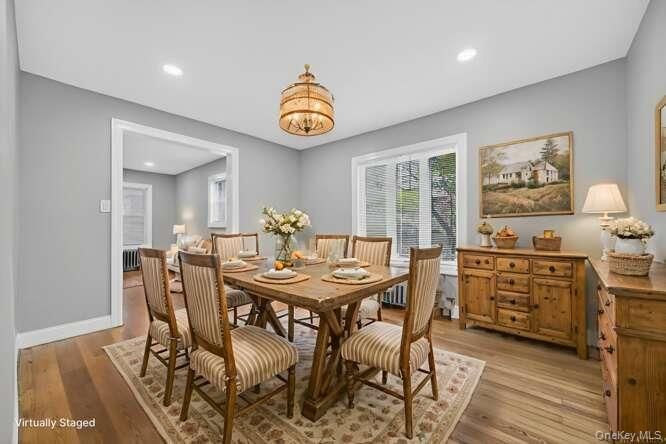 Dining room, Interior, Pendant Lights, Recessed Lighting, Wood Texture Flooring