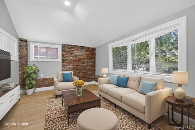 Interior, Living room, Recessed Lighting, Stone Walls, Wood Texture Flooring