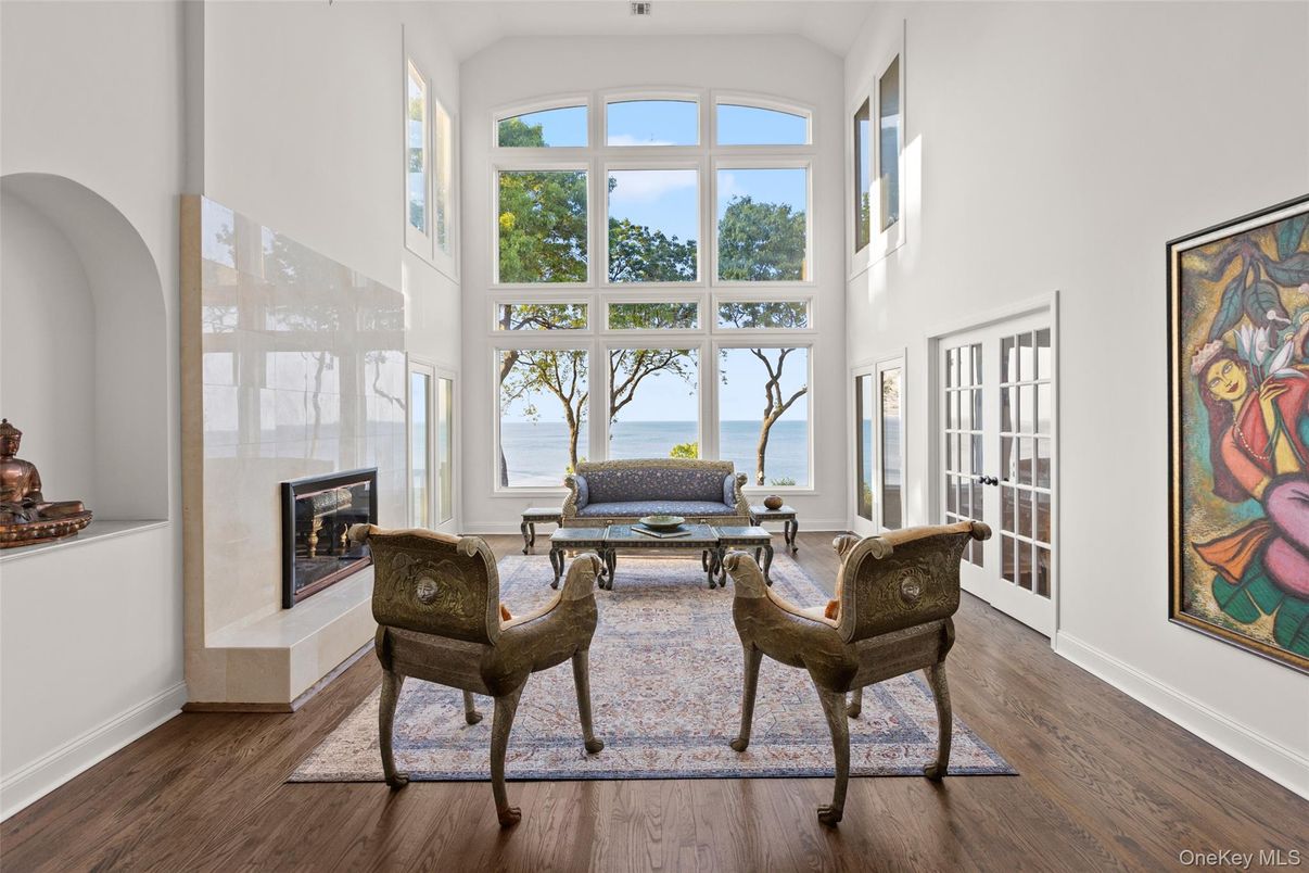 Fireplace, Interior, Sun Room, Water, Wood Texture Flooring