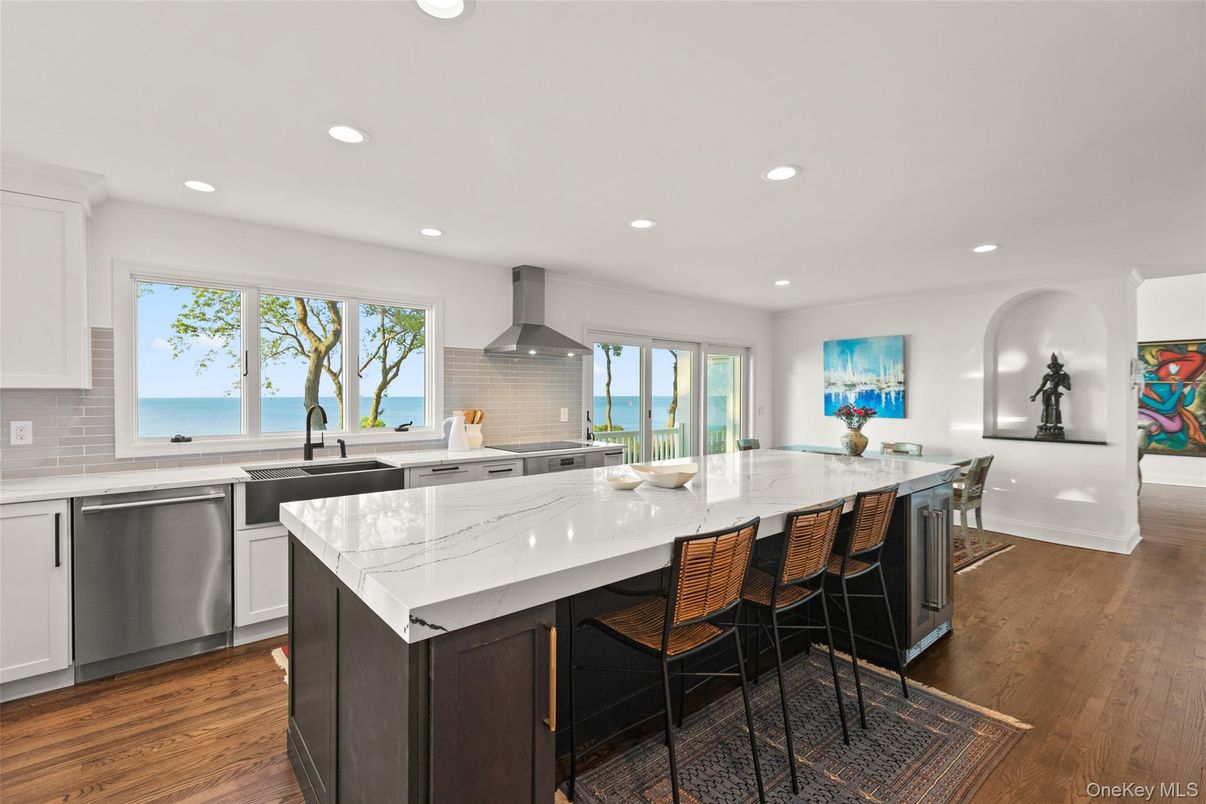 Interior, Kitchen, Recessed Lighting, Stainless Steel Appliances, Water, Wood Texture Flooring