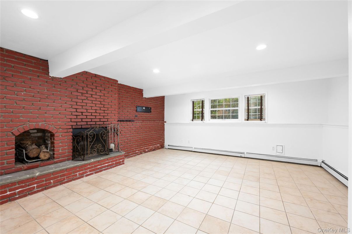 Empty room, Fireplace, Interior, Recessed Lighting, Stone Walls