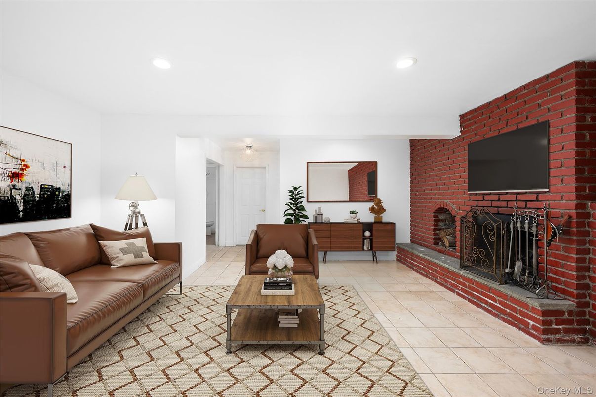 Fireplace, Interior, Living room, Recessed Lighting, Stone Walls