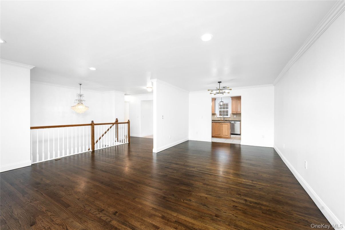 Chandelier, Empty room, Interior, Kitchen, Recessed Lighting, Wood Texture Flooring
