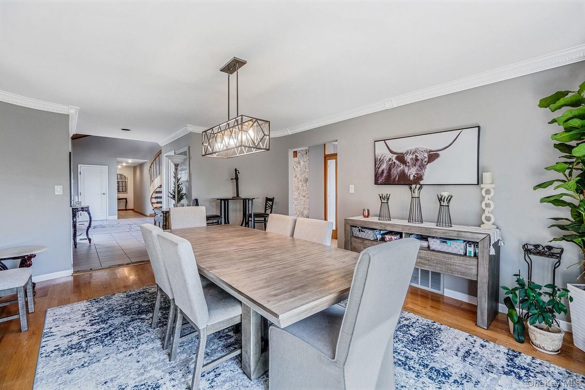 Dining room, Interior, Pendant Lights, Wood Texture Flooring