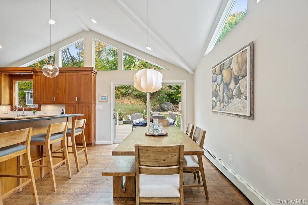Dining room, Interior, Pendant Lights, Recessed Lighting, Wood Texture Flooring
