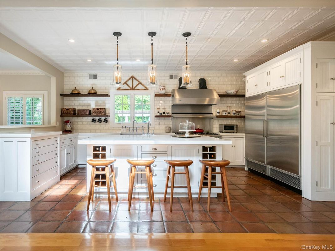 Interior, Kitchen, Pendant Lights, Recessed Lighting, Stainless Steel Appliances, Stone Walls