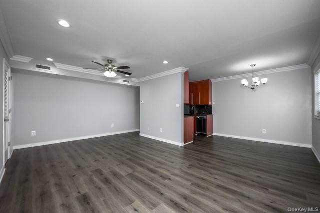 Chandelier, Empty room, Interior, Recessed Lighting, Wood Texture Flooring