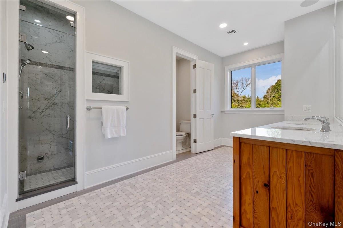 Bathroom, Glass Shower, Interior, Marble Walls, Recessed Lighting