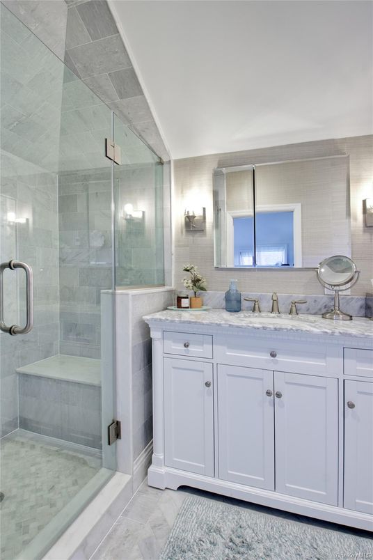 Bathroom, Dual Sink Vanities, Glass Shower, Interior, Marble
