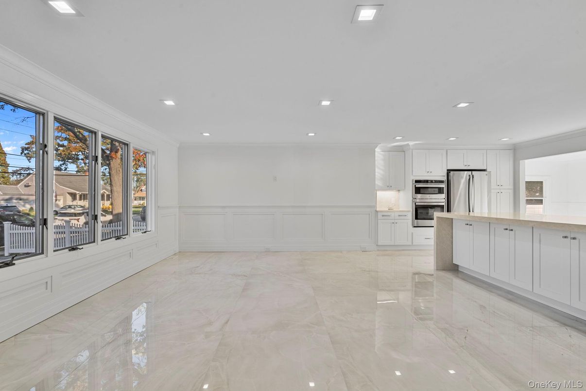 Empty room, Interior, Kitchen, Marble, Recessed Lighting, Stainless Steel Appliances