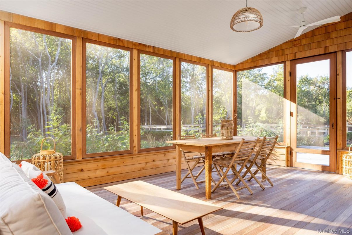 Dining room, Interior, Sun Room, Wood Texture Flooring, Wooden Walls
