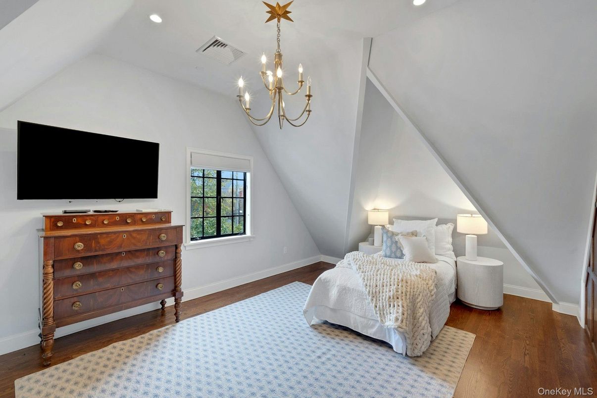 Bedroom, Chandelier, Interior, Recessed Lighting, Wood Texture Flooring