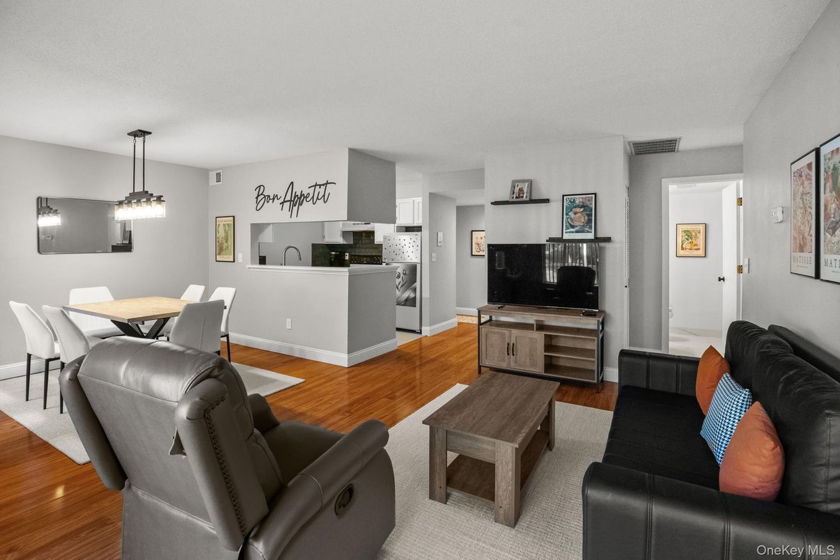 Dining room, Interior, Kitchen, Living room, Pendant Lights, Wood Texture Flooring