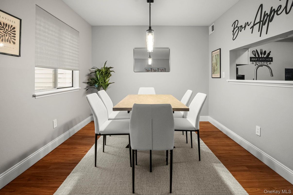 Dining room, Interior, Pendant Lights, Wood Texture Flooring