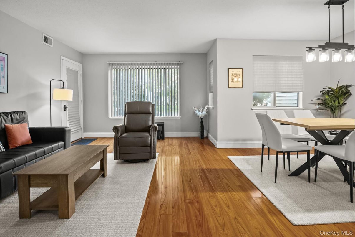 Dining room, Interior, Living room, Pendant Lights, Wood Texture Flooring