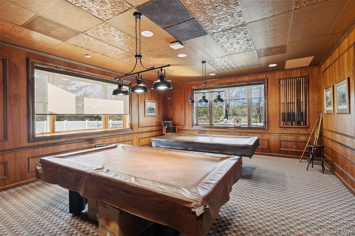 Billiard Table, Game Room, Interior, Pendant Lights, Recessed Lighting, Wooden Walls