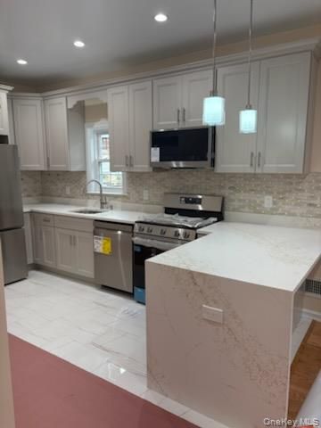 Interior, Kitchen, Marble, Pendant Lights, Recessed Lighting, Stainless Steel Appliances