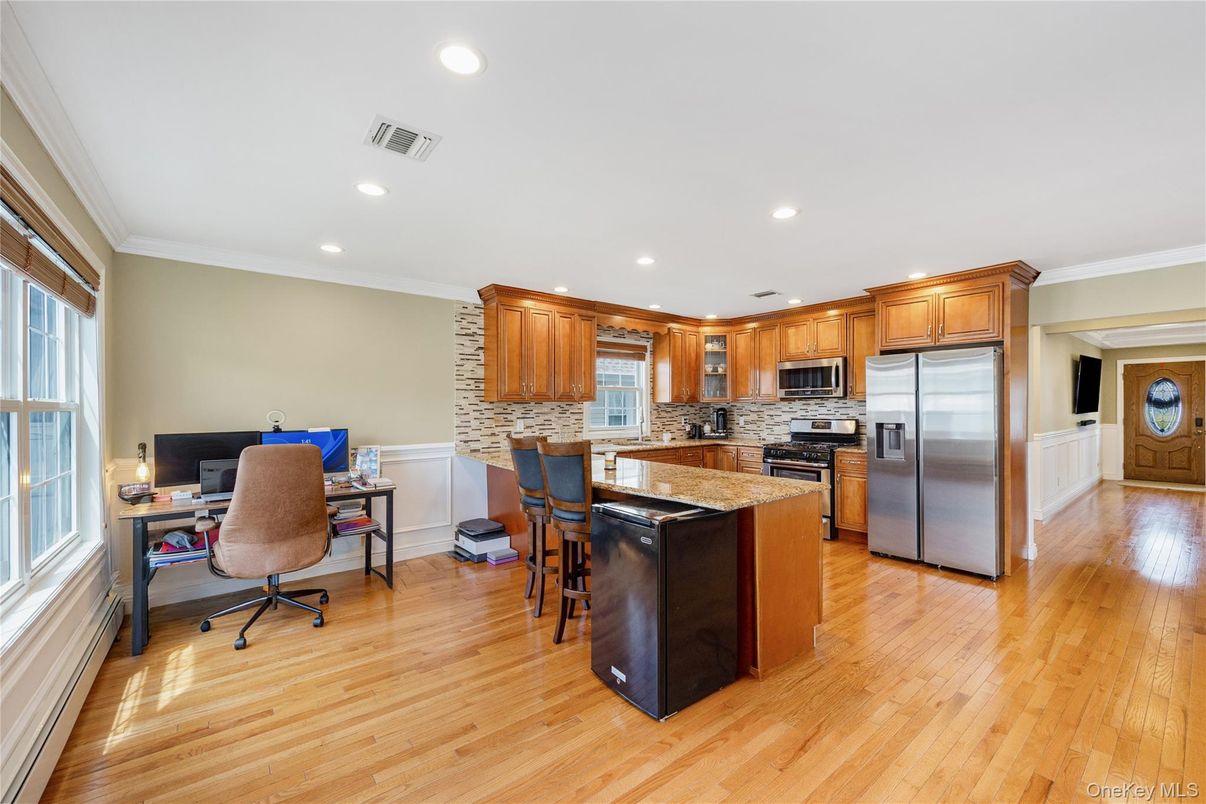 Home Office, Interior, Kitchen, Recessed Lighting, Stainless Steel Appliances, Wood Texture Flooring