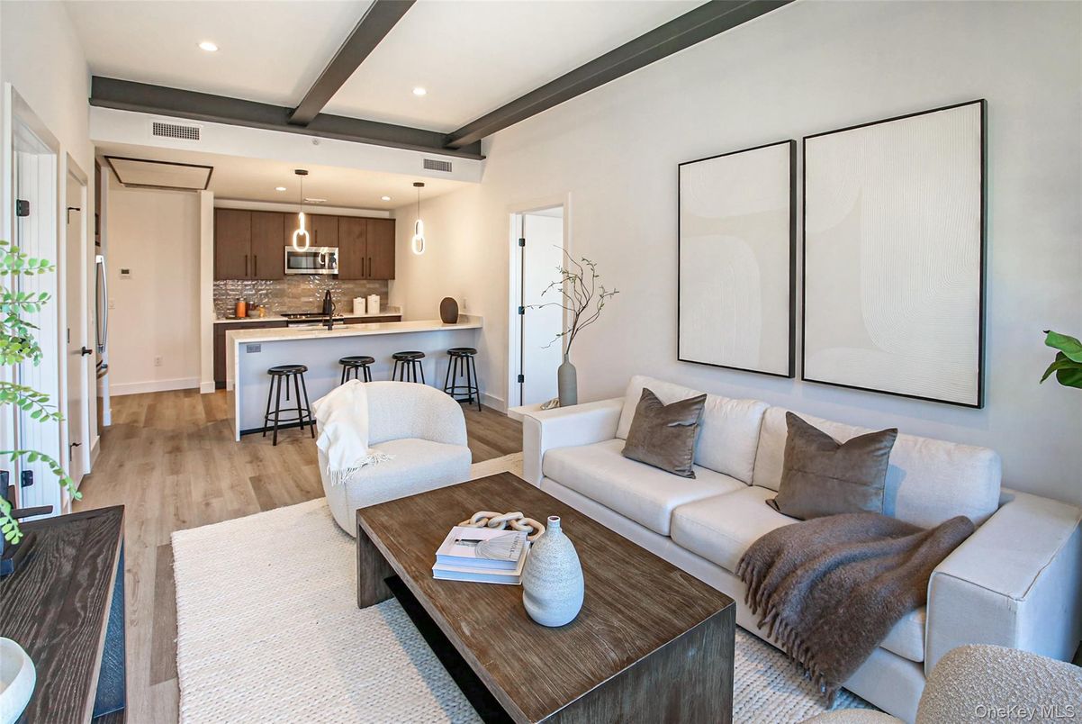 Interior, Kitchen, Living room, Pendant Lights, Recessed Lighting, Wooden Beams, Wood Texture Flooring