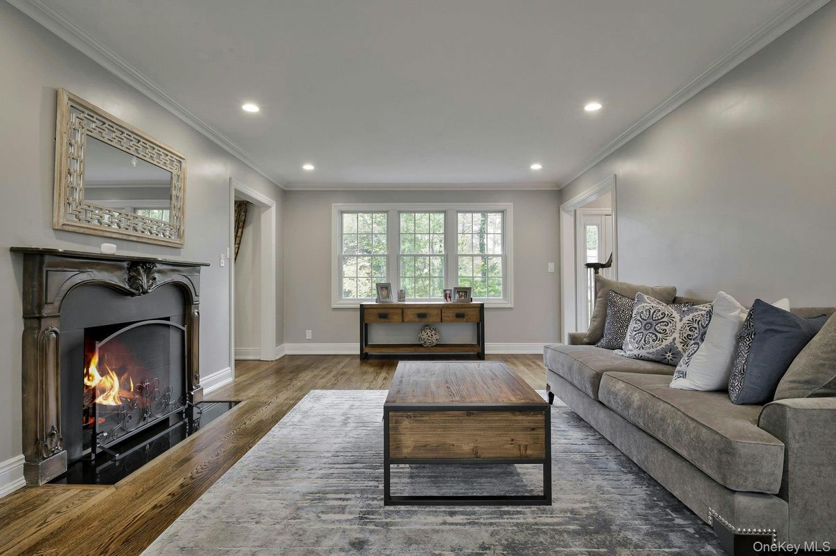 Fireplace, Interior, Living room, Recessed Lighting, Wood Texture Flooring