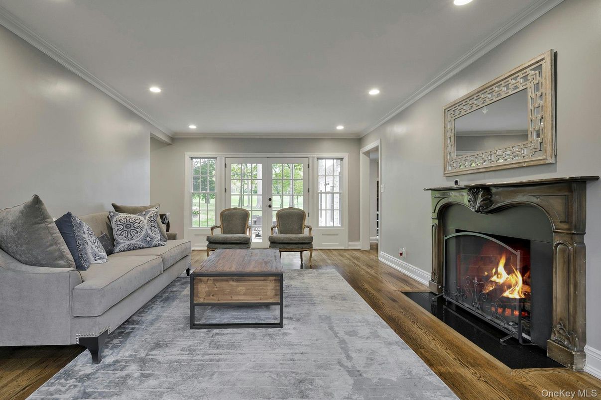 Fireplace, Interior, Living room, Recessed Lighting, Wood Texture Flooring