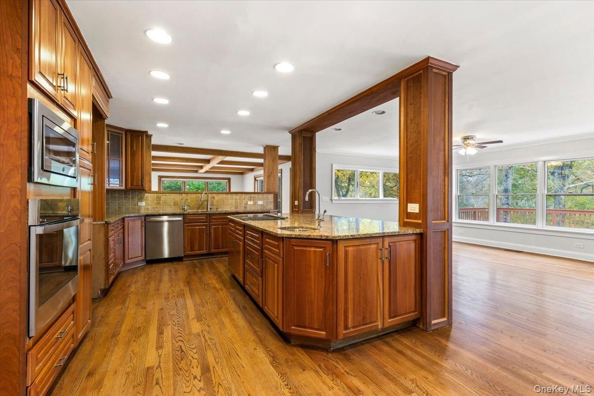 Interior, Kitchen, Recessed Lighting, Stainless Steel Appliances, Wooden Beams, Wood Texture Flooring
