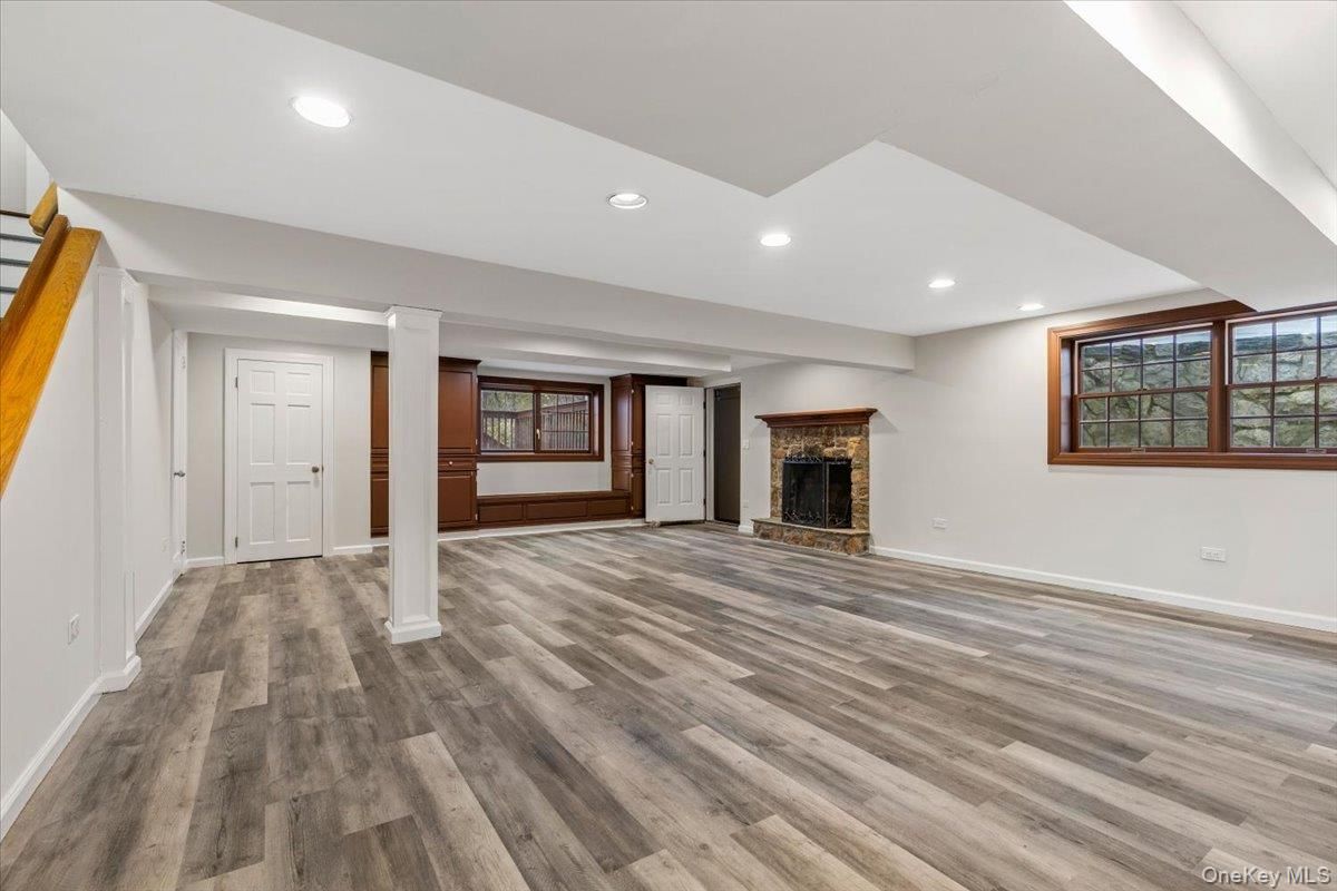 Empty room, Fireplace, Interior, Recessed Lighting, Wood Texture Flooring