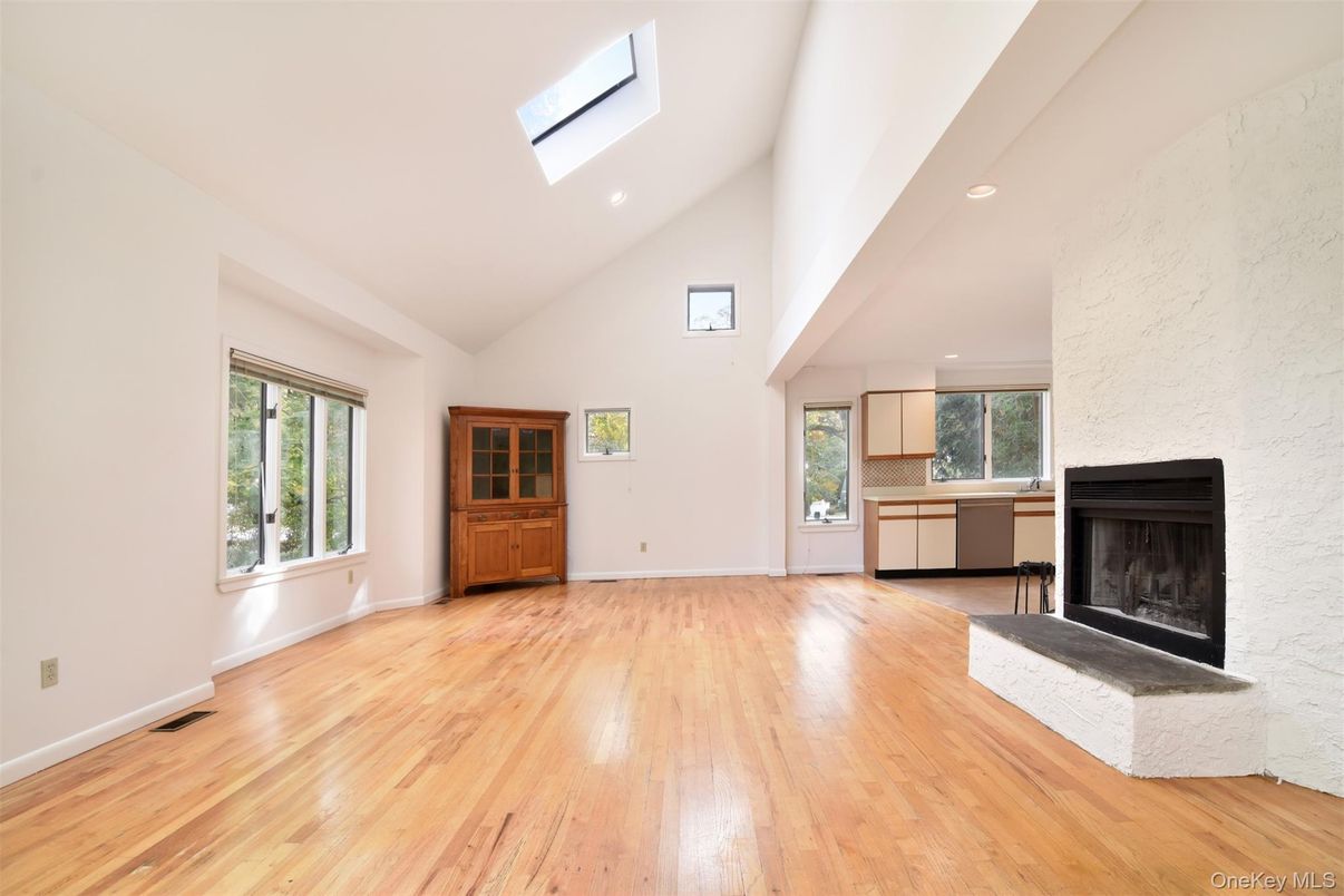 Empty room, Fireplace, Interior, Recessed Lighting, Wood Texture Flooring