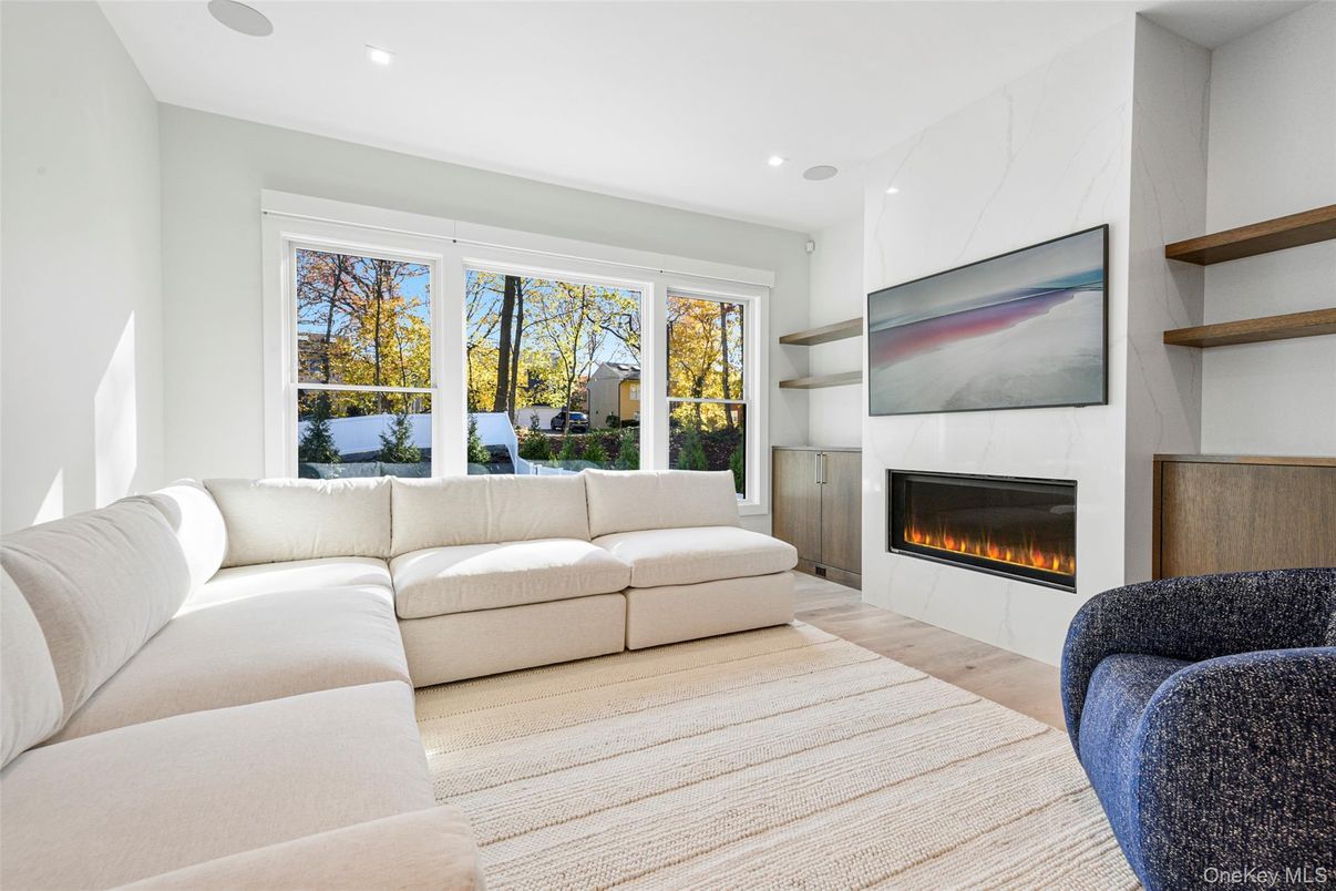 Fireplace, Interior, Living room, Recessed Lighting, Wood Texture Flooring