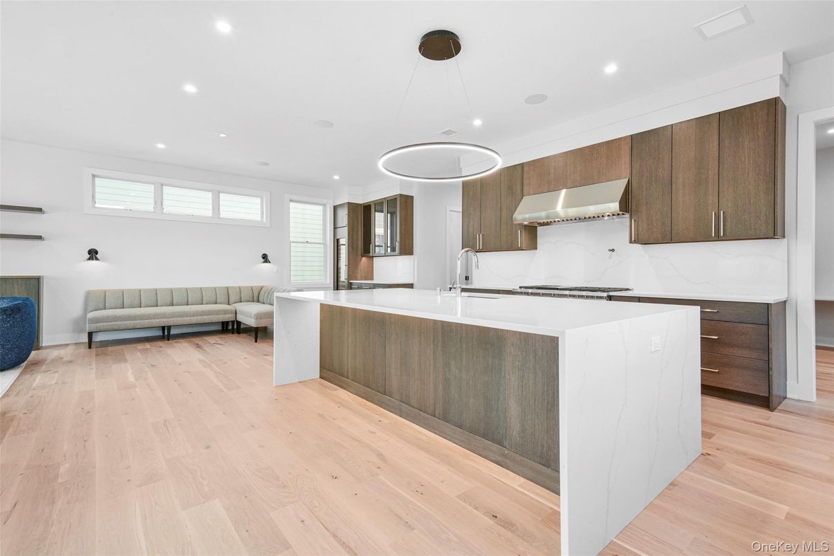 Interior, Kitchen, Marble Walls, Pendant Lights, Recessed Lighting, Wood Texture Flooring