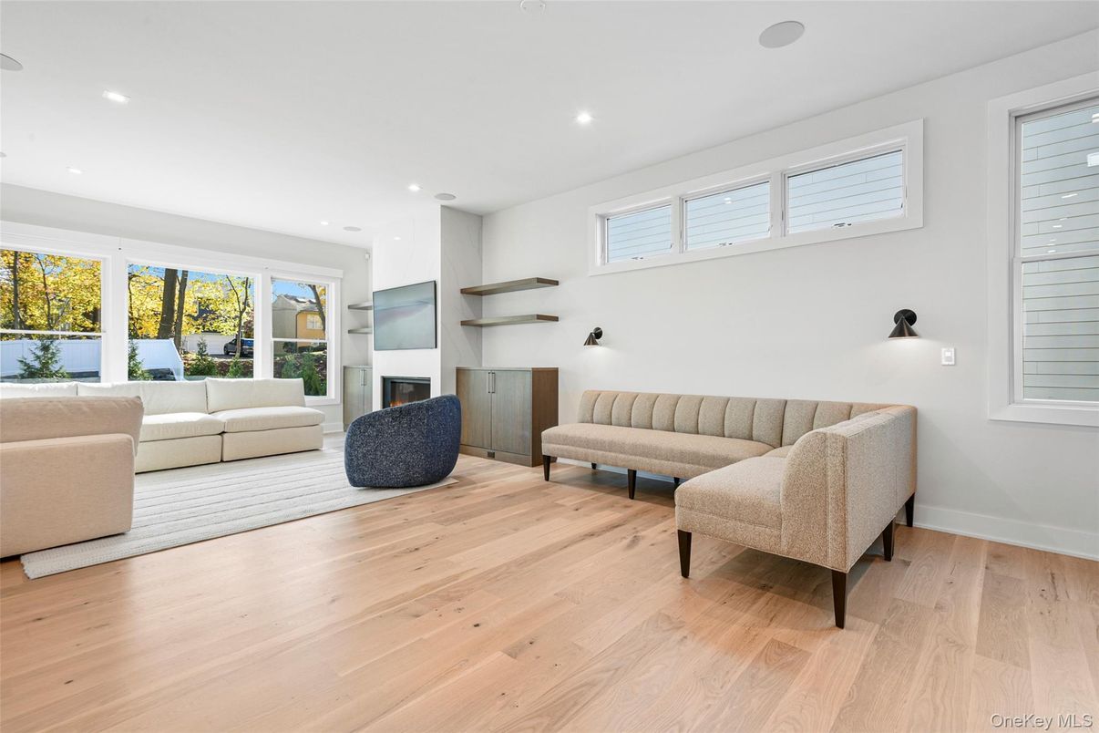 Fireplace, Interior, Living room, Recessed Lighting, Wood Texture Flooring