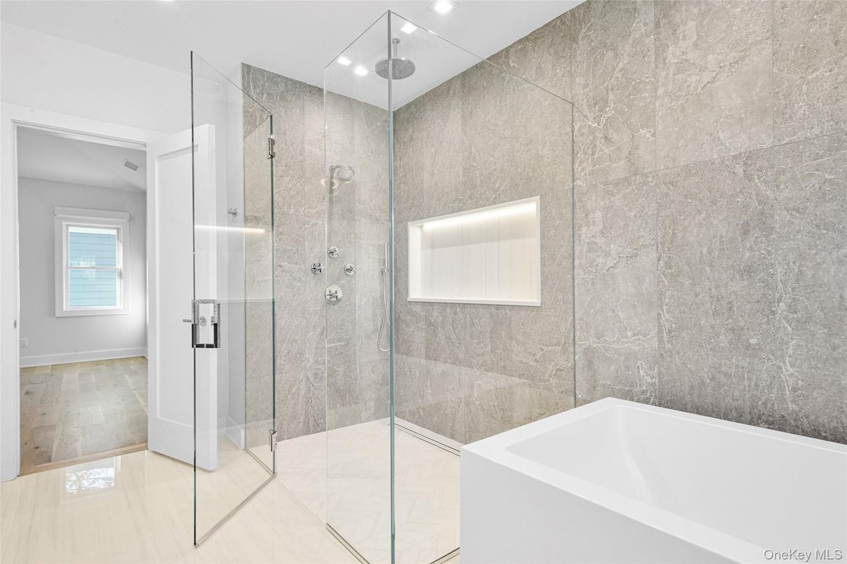 Bathroom, Glass Shower, Interior, Recessed Lighting, Wood Texture Flooring