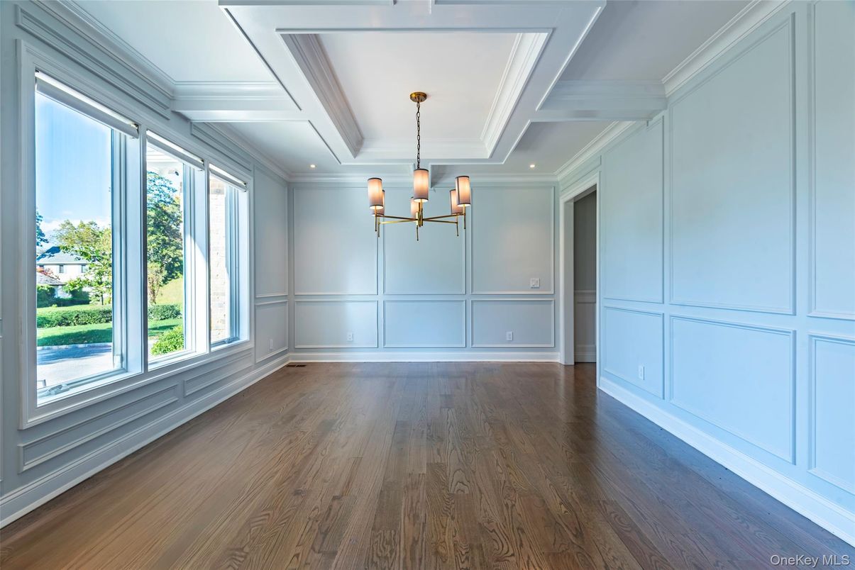 Chandelier, Empty room, Interior, Recessed Lighting, Wood Texture Flooring