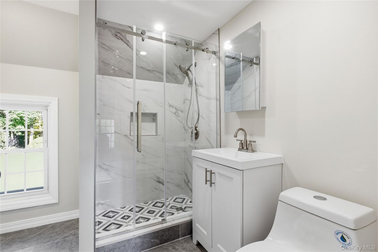 Bathroom, Glass Shower, Interior, Marble Walls, Recessed Lighting