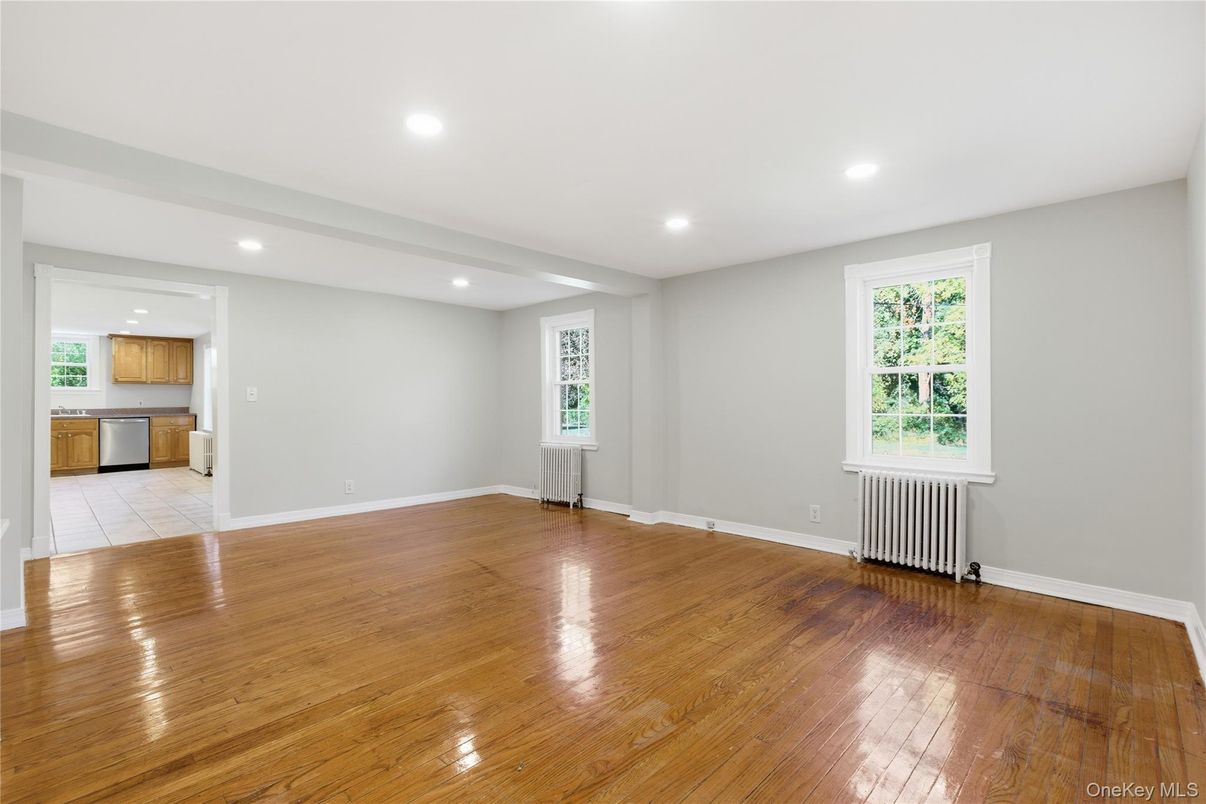 Empty room, Interior, Kitchen, Recessed Lighting, Wood Texture Flooring