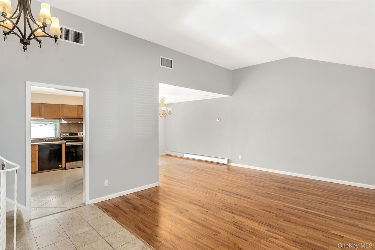 Chandelier, Empty room, Interior, Kitchen, Stainless Steel Appliances, Wood Texture Flooring