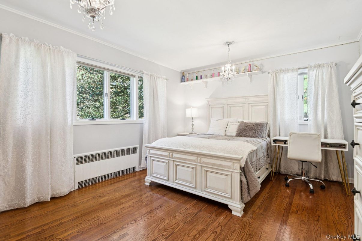 Bedroom, Chandelier, Home Office, Interior, Wood Texture Flooring