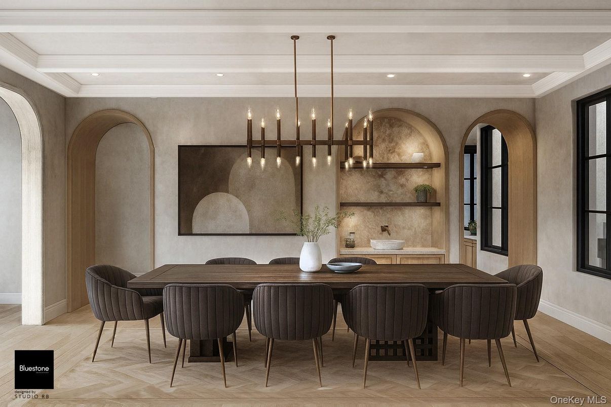 Dining room, Interior, Pendant Lights, Recessed Lighting, Wood Texture Flooring