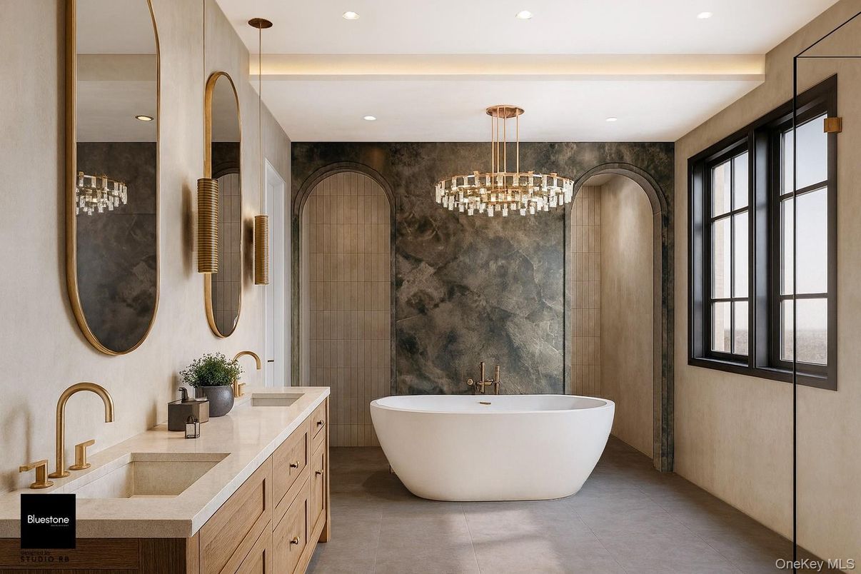 Bathroom, Chandelier, Dual Sink Vanities, Free Standing Baths, Interior, Recessed Lighting