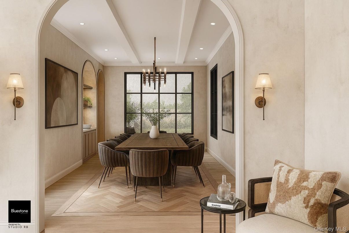 Chandelier, Dining room, Interior, Pendant Lights, Recessed Lighting, Wood Texture Flooring